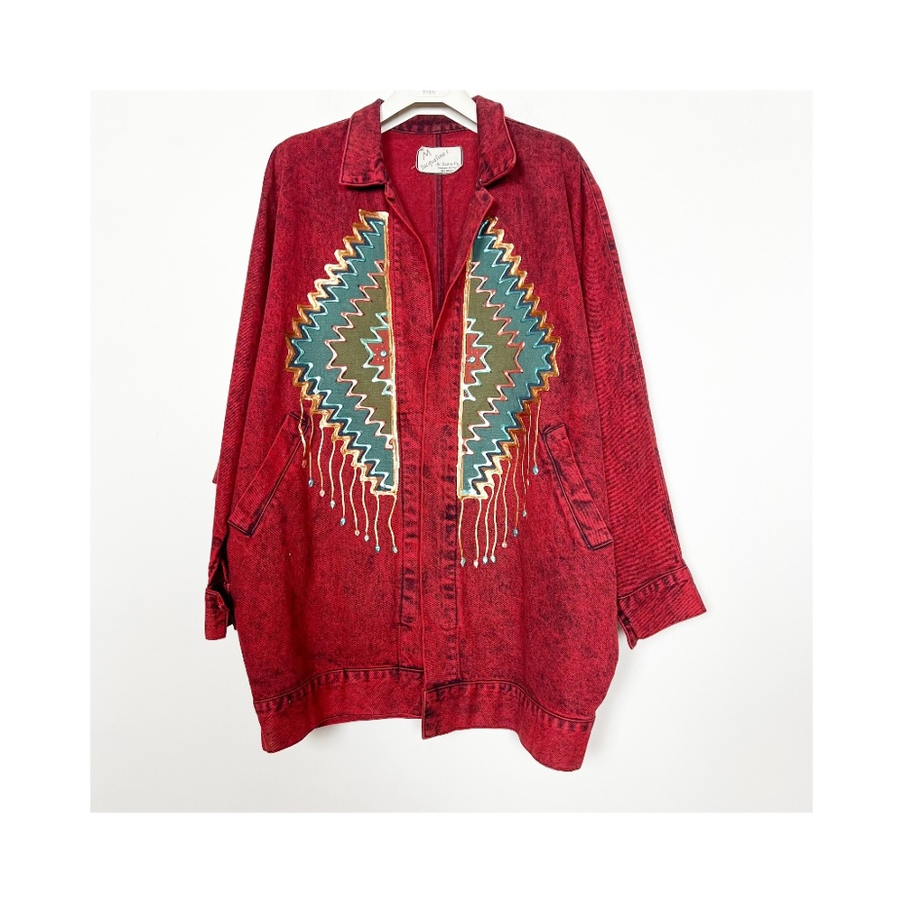 Jacqueline's De Santa Fe Jacket Sz M Medium Red Denim Southwest Art USA Vintage